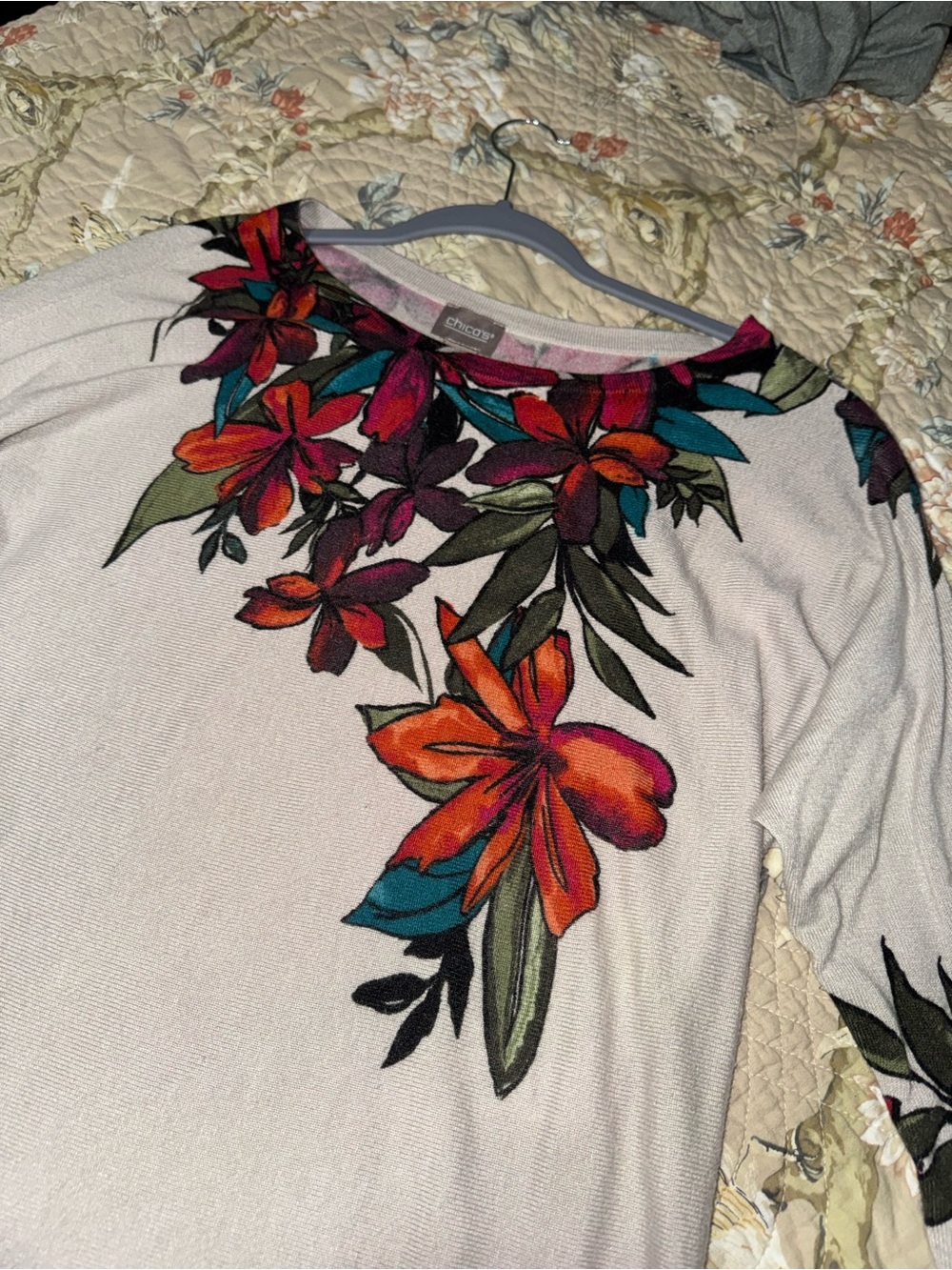 Chico's Cream Top with Tropical Orange & Teal Floral Neckline